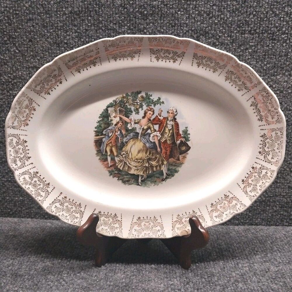 Vintage Oval Transferware Platter Warranted 22K Gold Farmhouse Decor